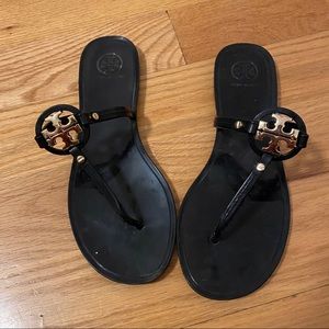 Tory Burch Black & Gold Logo Sandals - Size 8